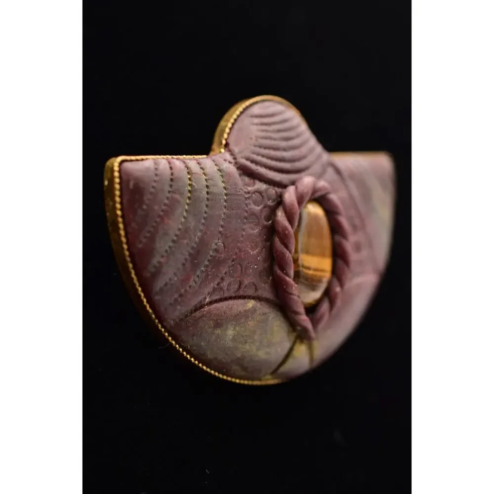 Vintage Tiger's Eye Cabochon Pin Brooch Brutalist Gold Tone Chunky 1970s 9B